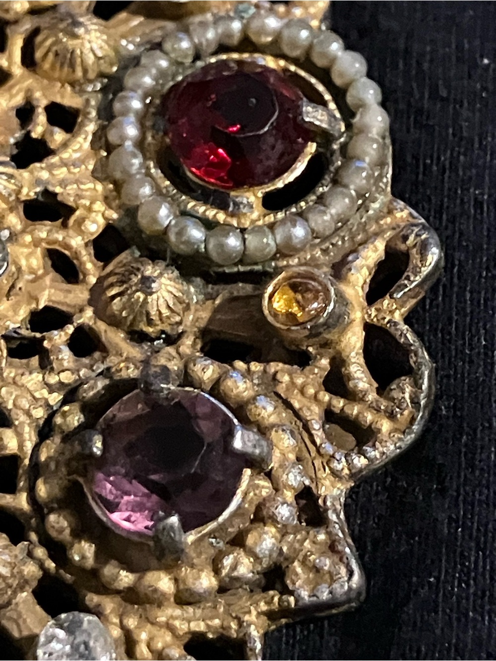 Gold-Tone Multicolor Filigree Statement Brooch / Dress Clip - Picture 9 of 10